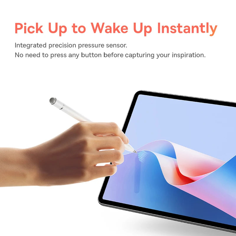 Hand holding a stylus over a tablet with text about an integrated precision pressure sensor.