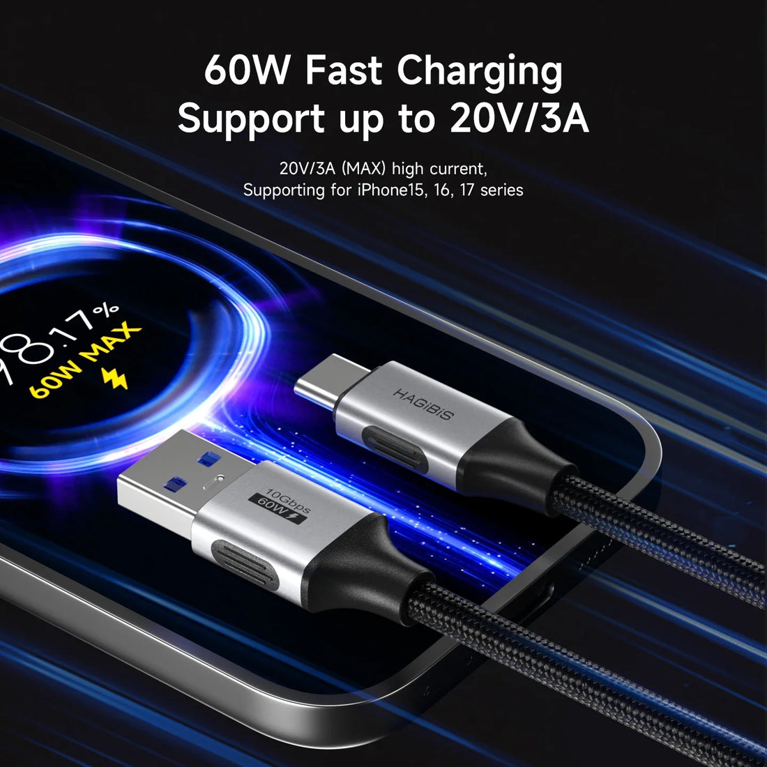 Fast charging cable with USB connector on a dark background