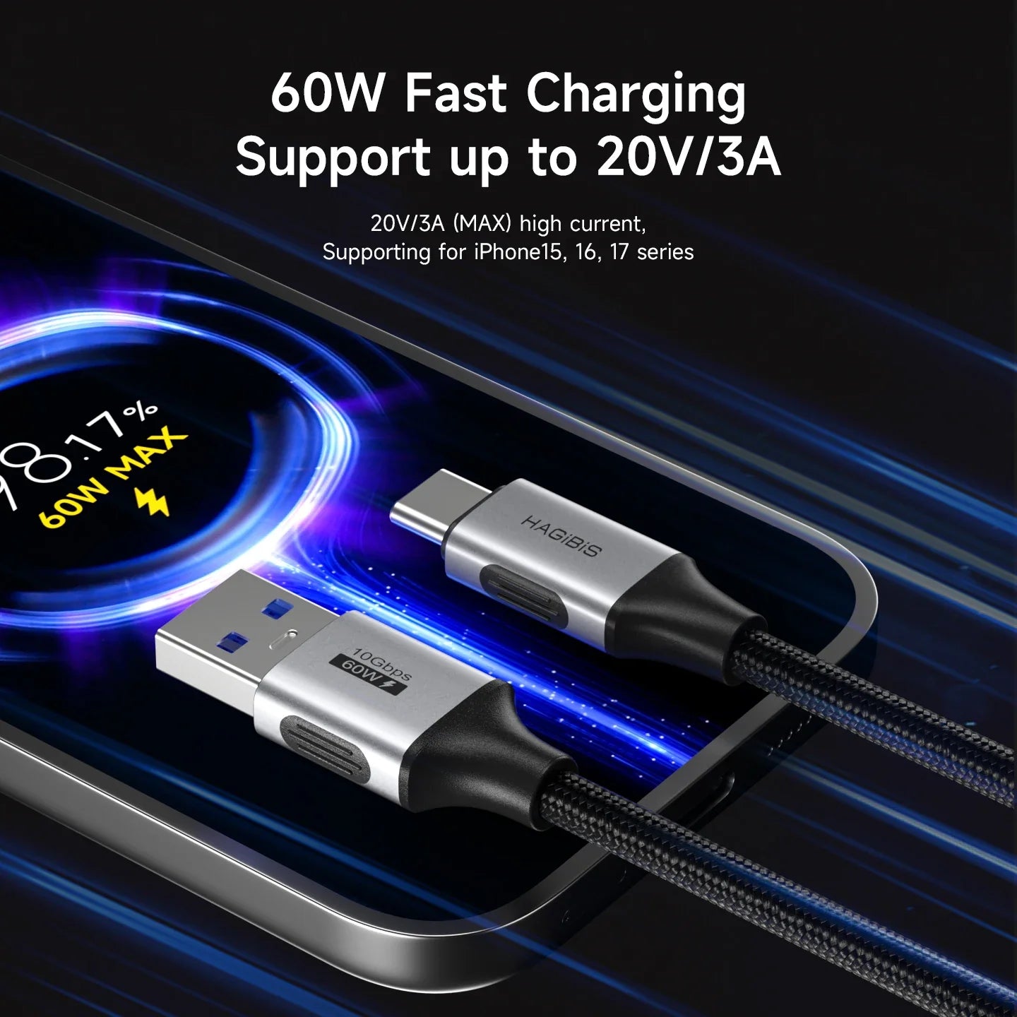 Fast charging cable with USB connector on a dark background