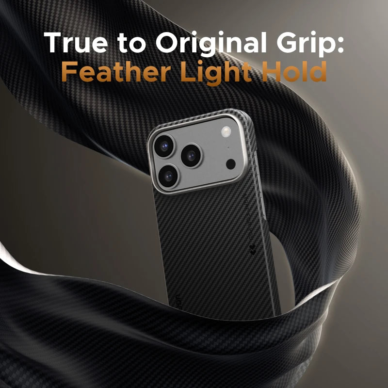 Phone case with carbon fiber texture and text 'True to Original Grip: Feather Light Hold' on a dark background