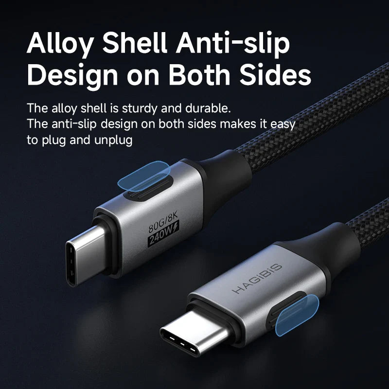 USB cable with alloy shell and anti-slip design on a dark background