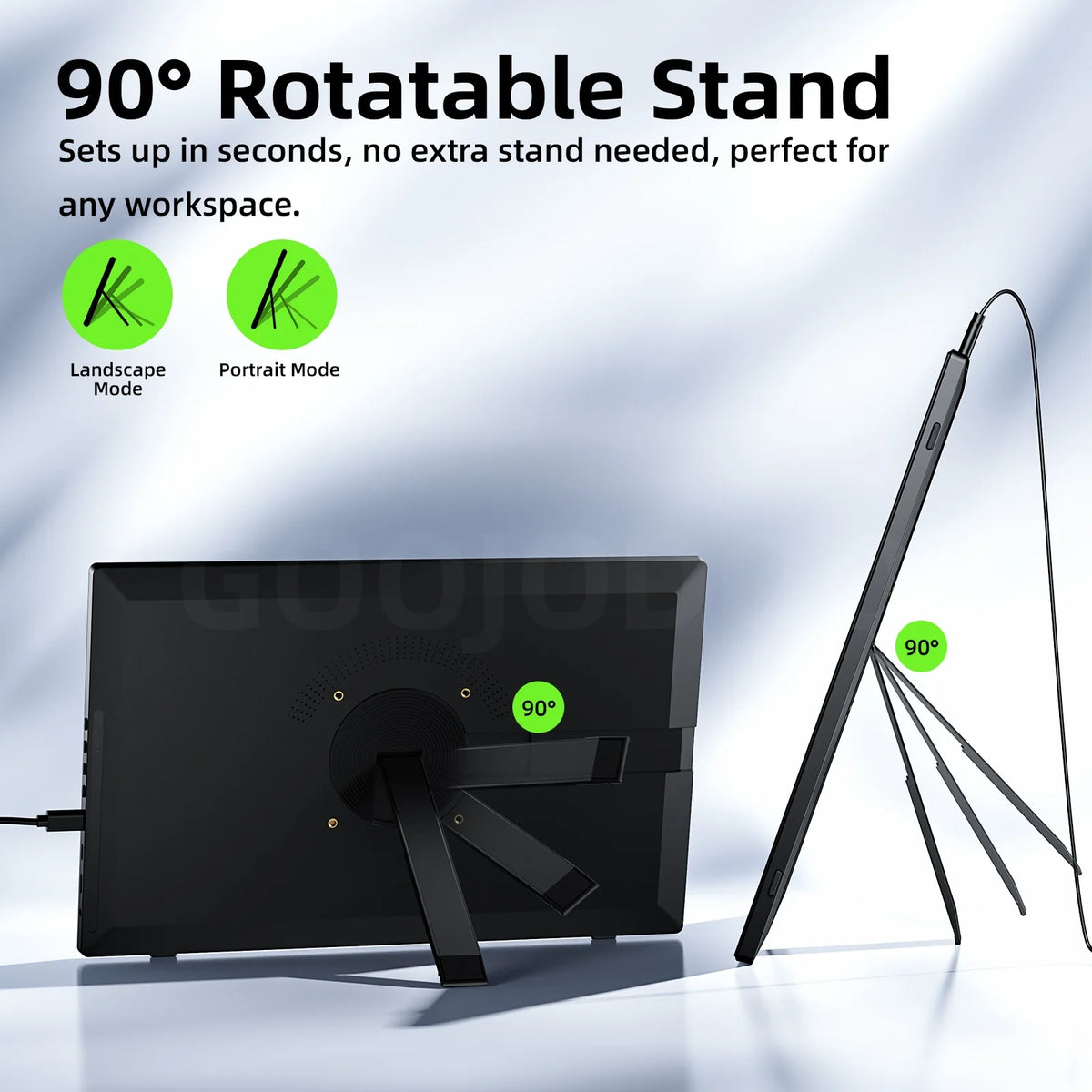 90-degree rotatable stand for electronic device with text on a light gray background