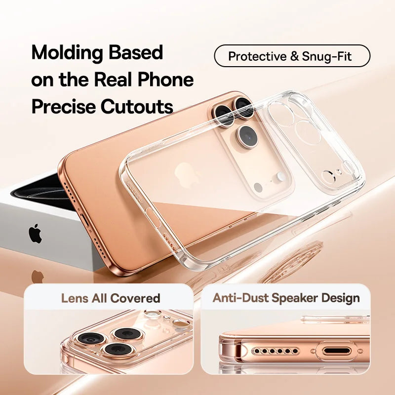 Clear phone case with text highlighting features on a beige background