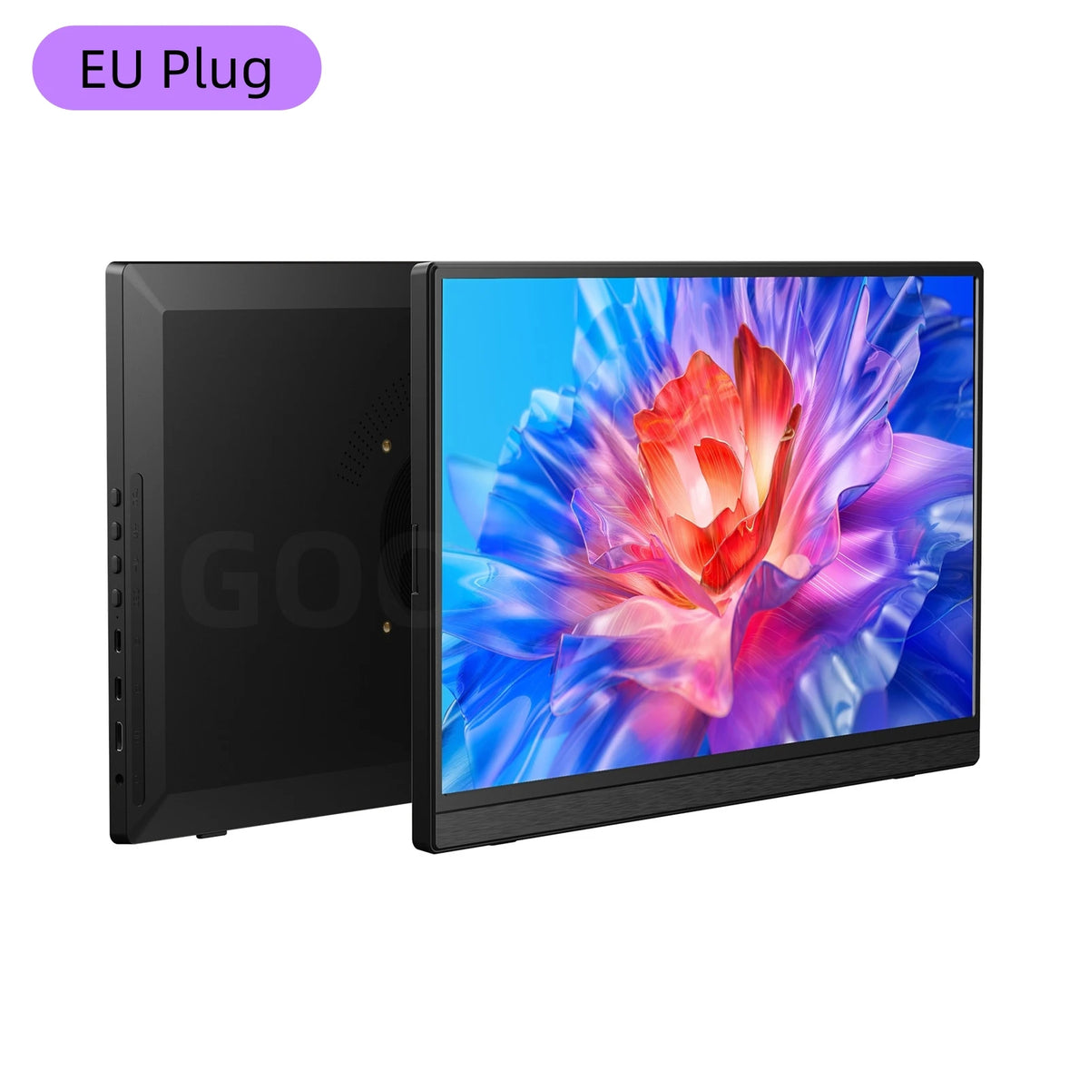 Smartphone with colorful flower display on a white background, featuring 'EU Plug' label.