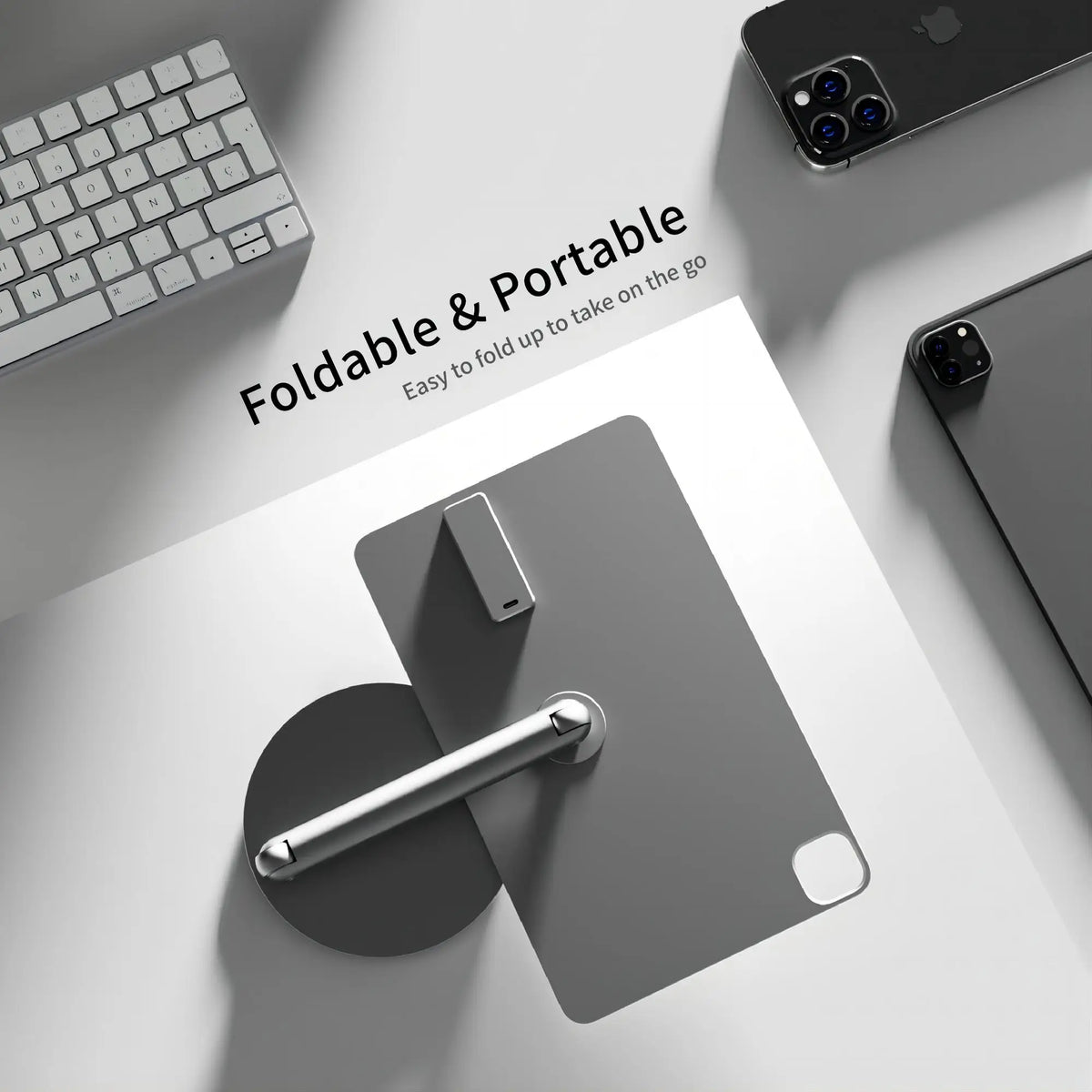 Foldable and portable device on a light gray surface with text highlighting its portability.