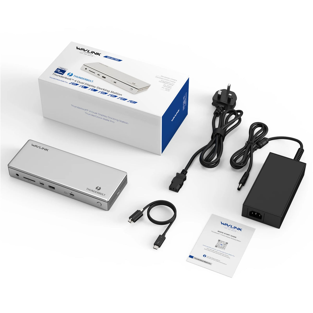 Wavlink USB-C hub with packaging, power adapter, cables, and user manual on a white background