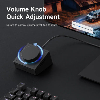 Volume knob quick adjustment device with screen displaying volume control interface on a dark surface.