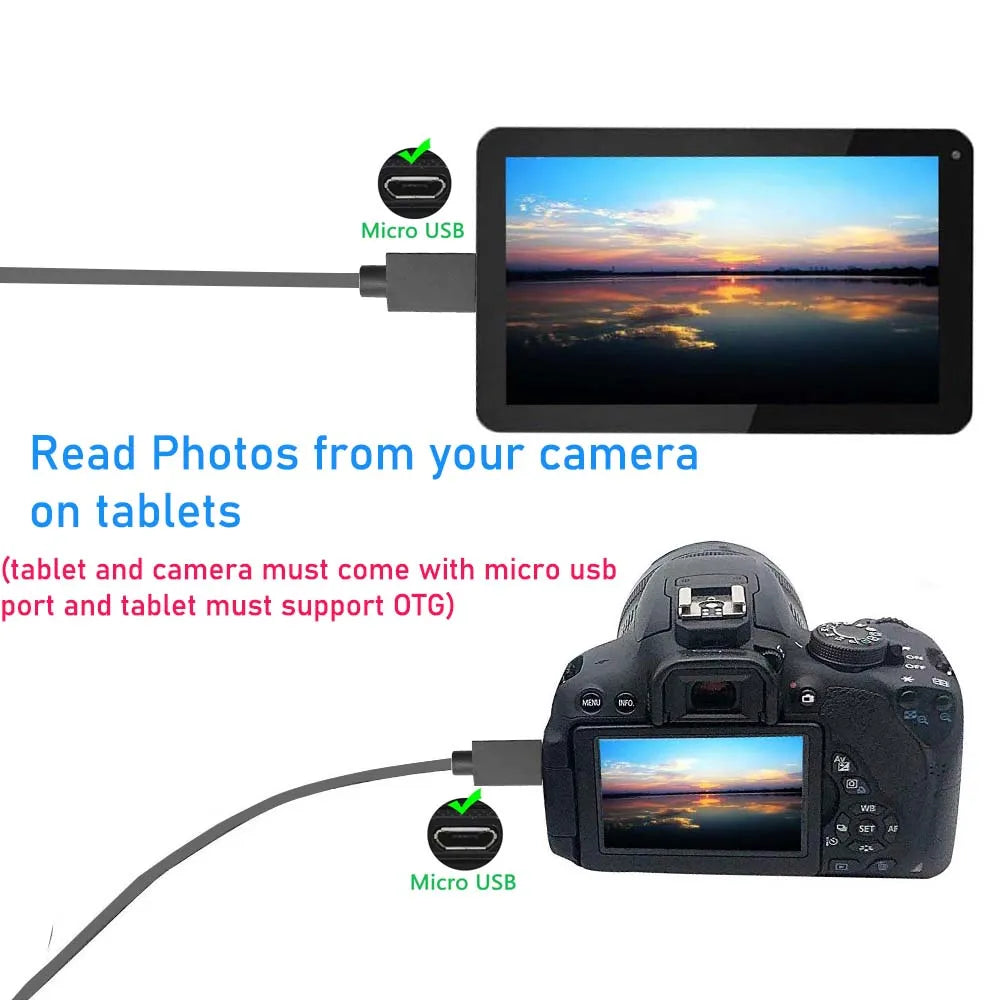 Camera connected to a tablet via micro USB cable with screen displaying sunset over water.