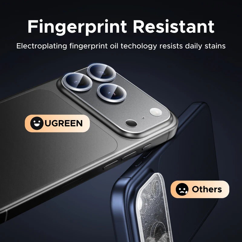 Phone camera lens protector with UGREEN branding, showing fingerprint resistance feature.