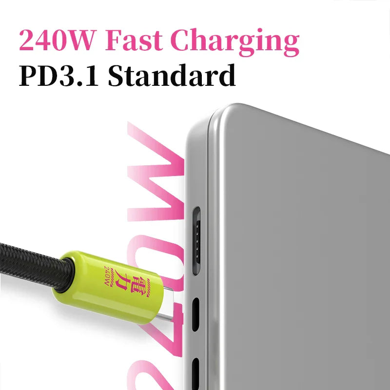 Green cable with '240W Fast Charging' text plugged into a device, on a white background.