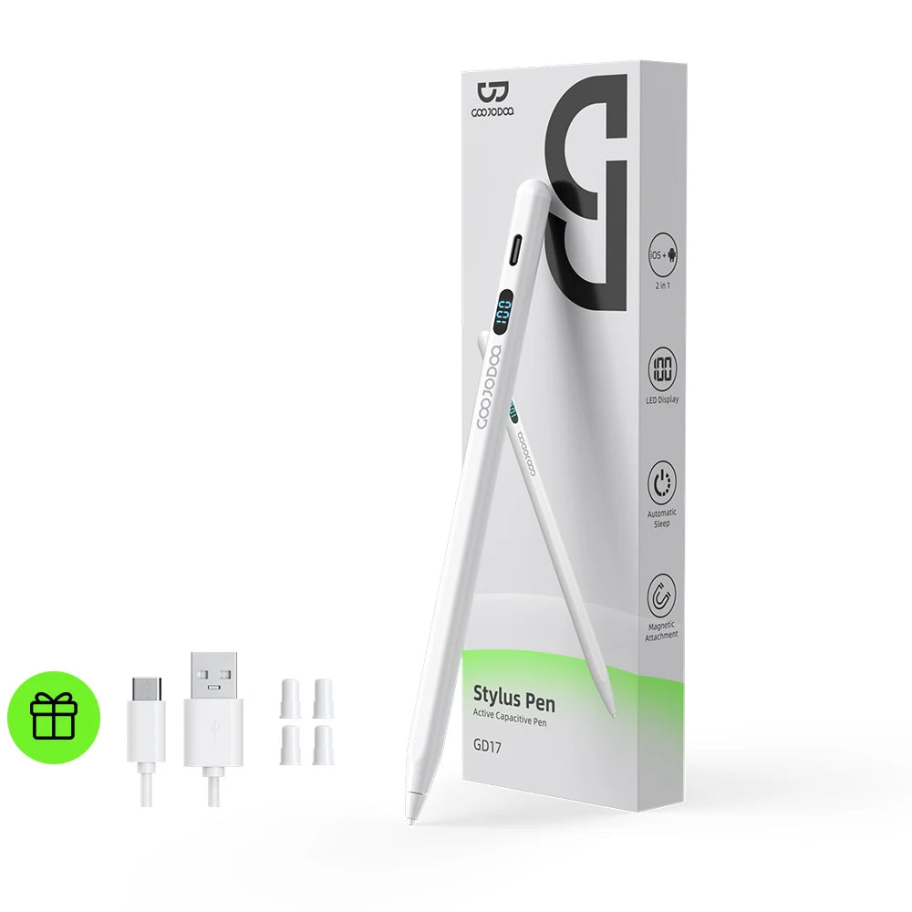 Stylus pen with accessories and packaging on a white background