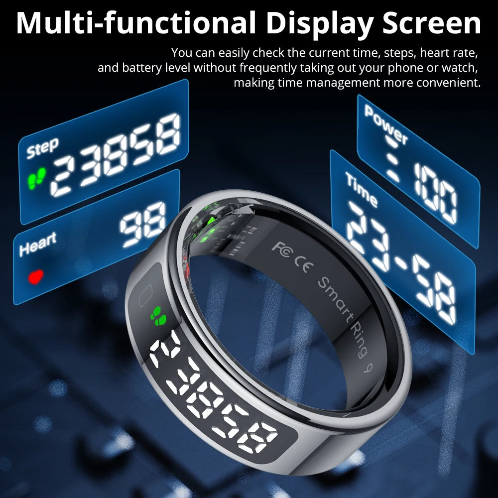 Smart ring with digital display showing time, steps, heart rate, and battery level on a dark background.