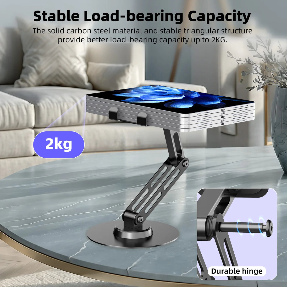 Portable laptop stand on a coffee table with text about load-bearing capacity and material quality.