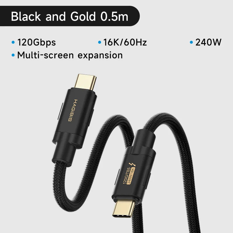 Black and gold cable with specifications on a light gray background