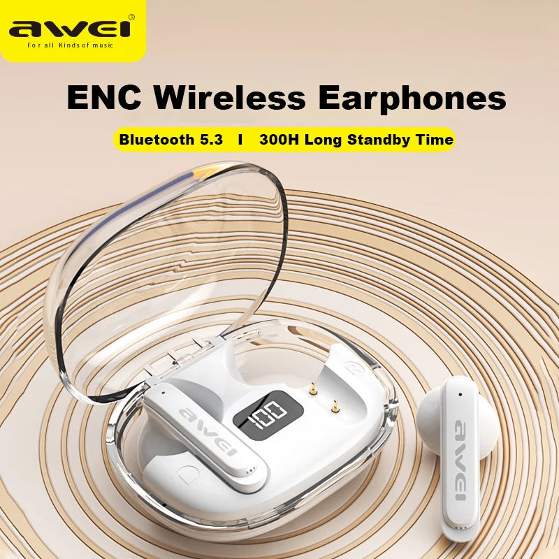 Awei ENC wireless earphones with charging case on a wooden surface