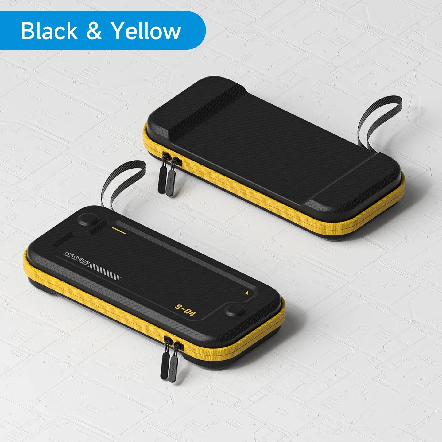 Black and yellow phone case on a light gray background