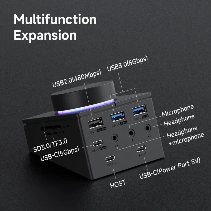 Multifunctional expansion device with labeled ports on a dark background