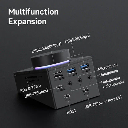 Multifunctional expansion device with labeled ports on a dark background