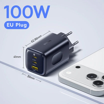 100W EU plug charger with dimensions and a smartphone for scale on a light gray background