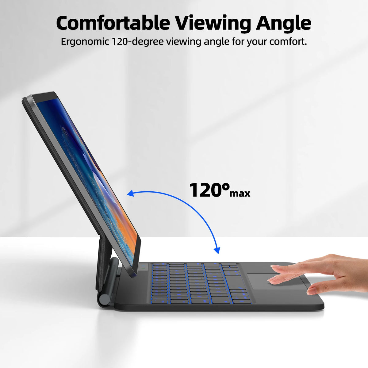 Tablet with keyboard stand on a white background, emphasizing ergonomic viewing angle.