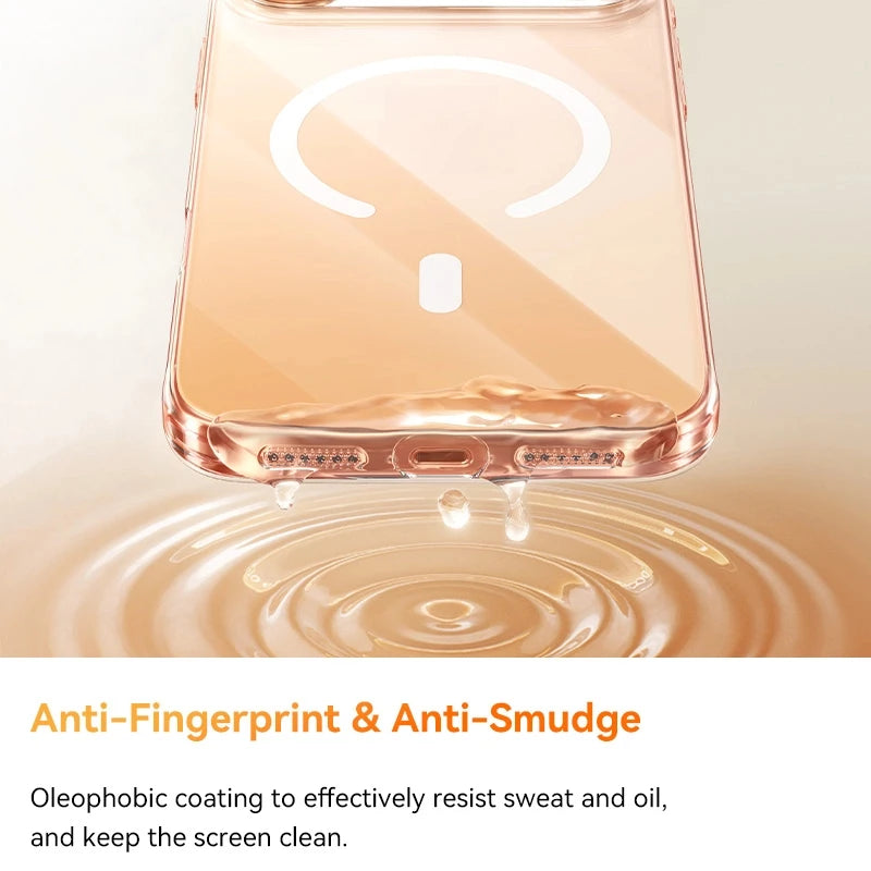 Clear phone case with water droplets on a beige background, emphasizing anti-fingerprint and anti-smudge properties.