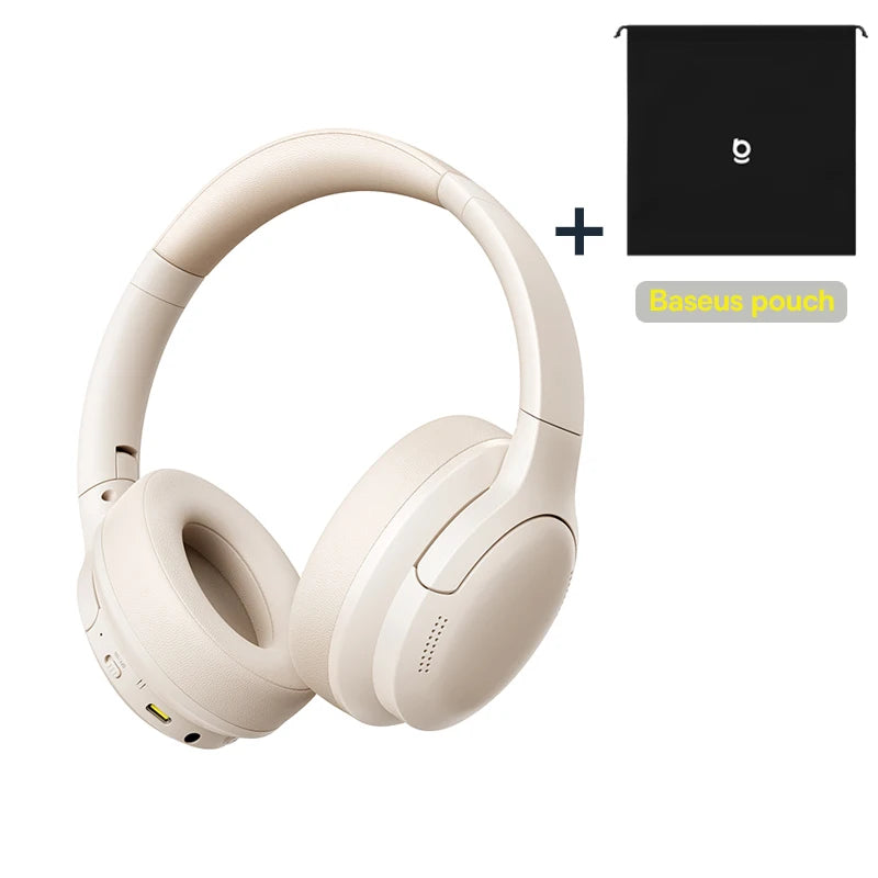 Beige headphones with a black pouch featuring a logo on a white background