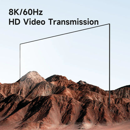 Mountain landscape with a screen displaying '8K/60Hz HD Video Transmission' text.