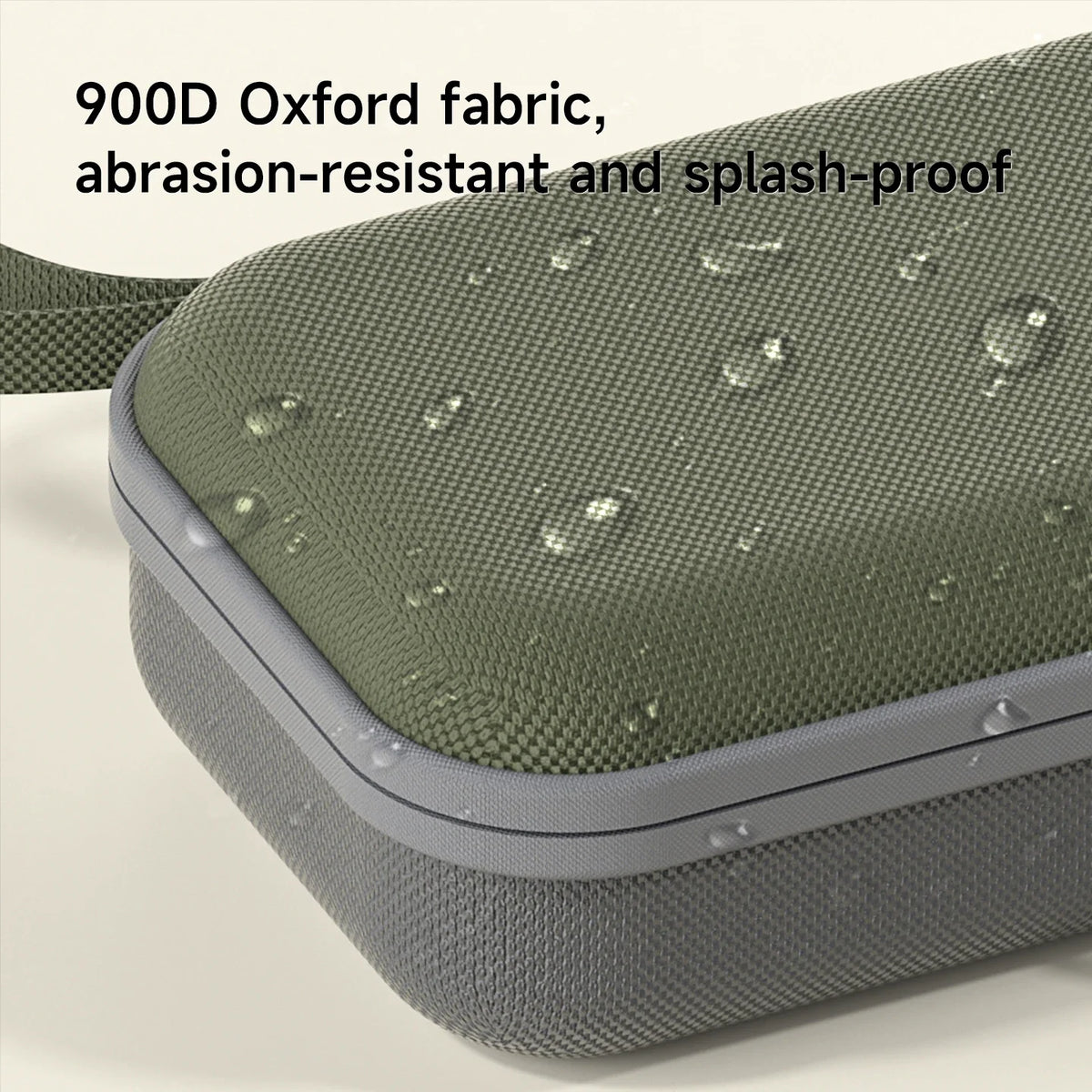 Green textured case with text highlighting 900D Oxford fabric properties