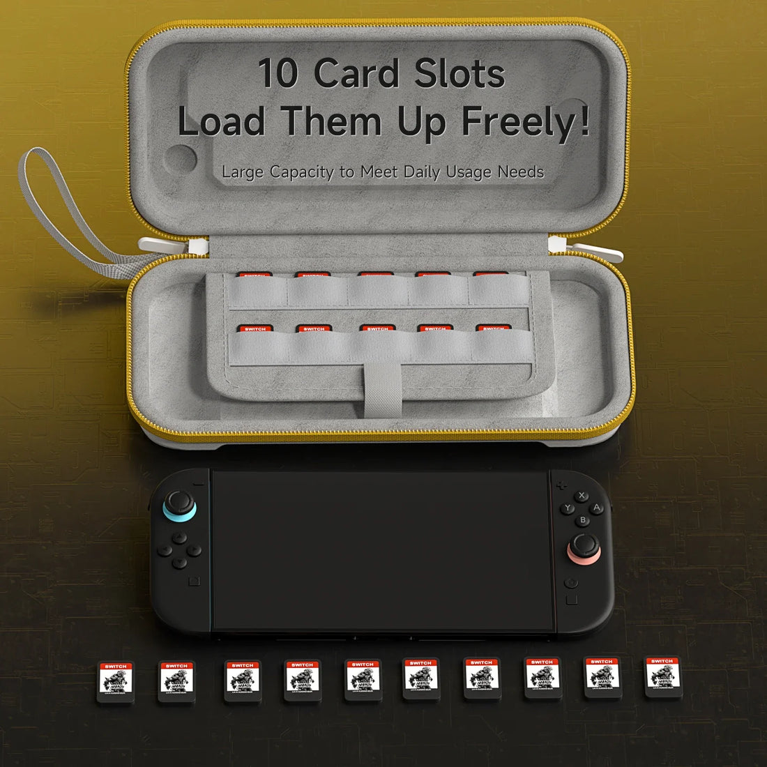 Card holder with 10 card slots for a gaming console on a dark surface