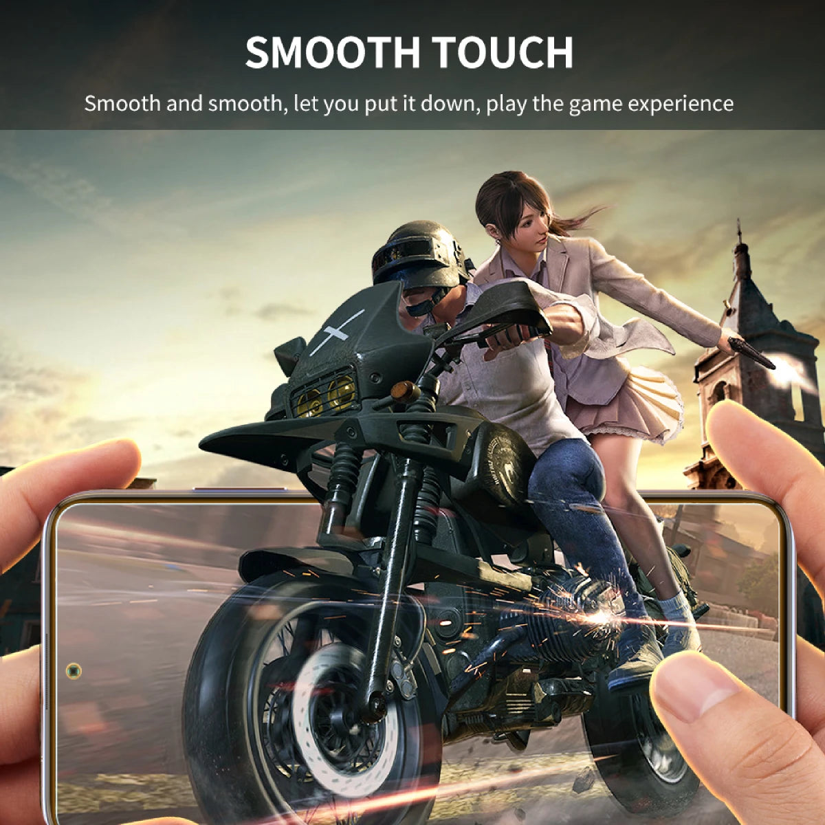 Phone screen displaying a motorcycle game with two people on a motorcycle, held by hands.