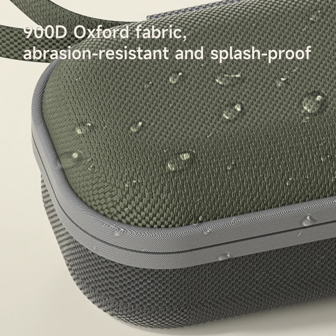 Gray travel case with water droplets on 900D Oxford fabric, text indicating properties.