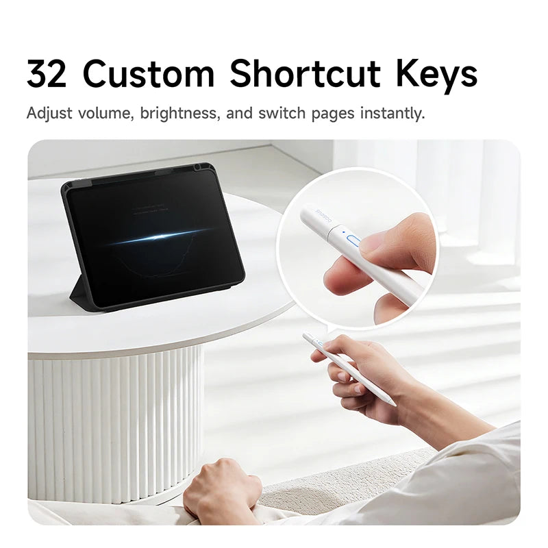 Tablet with stylus on a white surface, featuring text about custom shortcut keys.