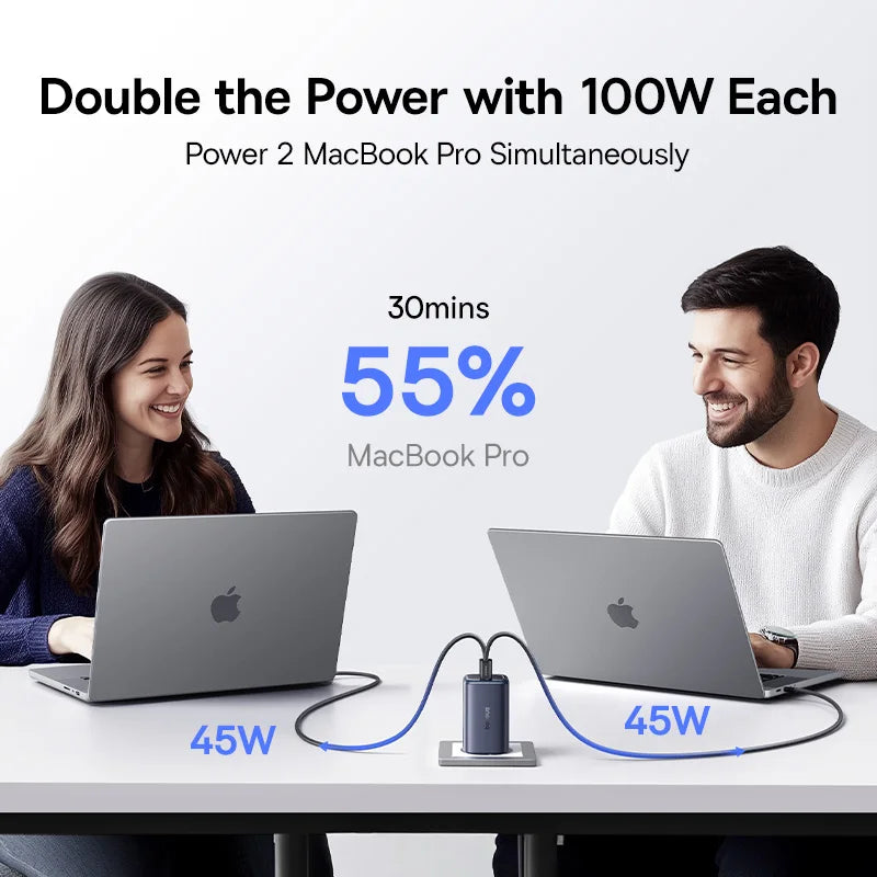 Two people using laptops with a power adapter, showing power distribution on a white background.