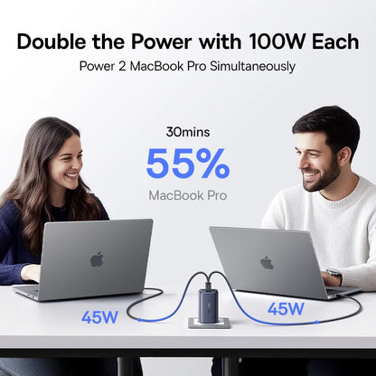 Two people using laptops with a power adapter, showing power distribution on a white background.