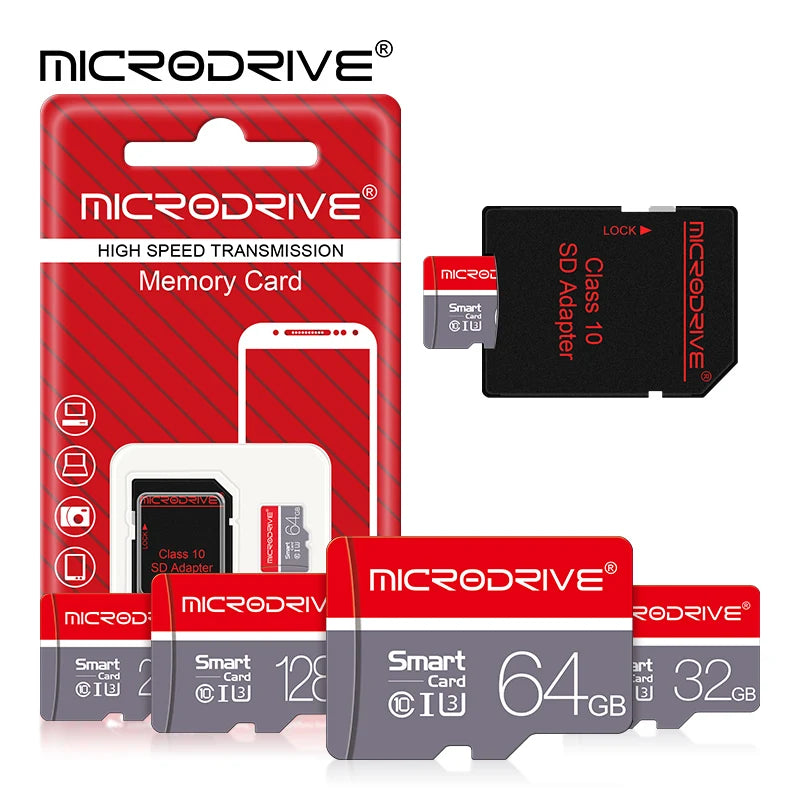 MicroDrive memory cards and packaging on a white background