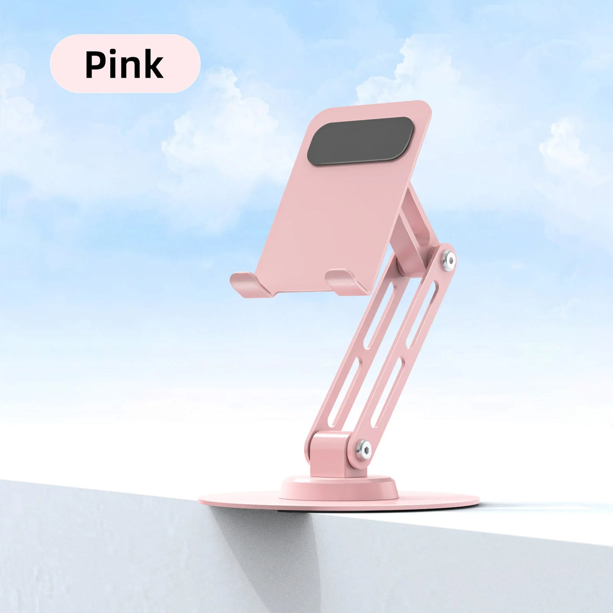 Pink phone stand on a light blue background with 'Pink' label.