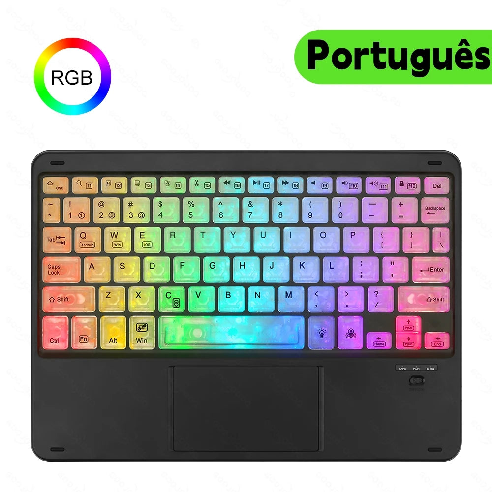 Keyboard with RGB lighting and 'Portáguãs' label on a white background