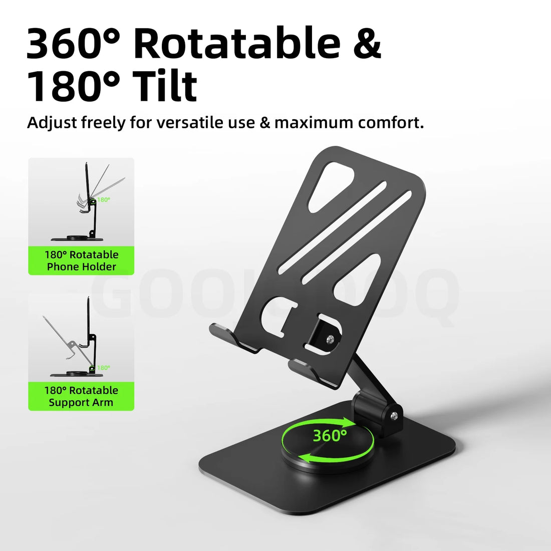 Black adjustable stand with 360-degree rotation and 180-degree tilt on a white background