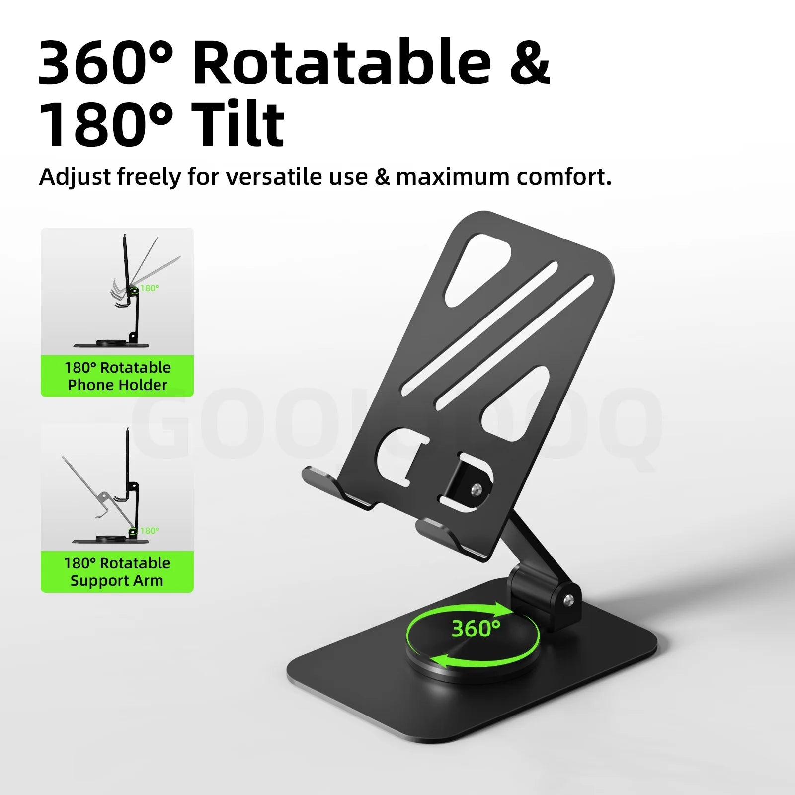 Black adjustable stand with 360-degree rotation and 180-degree tilt on a white background