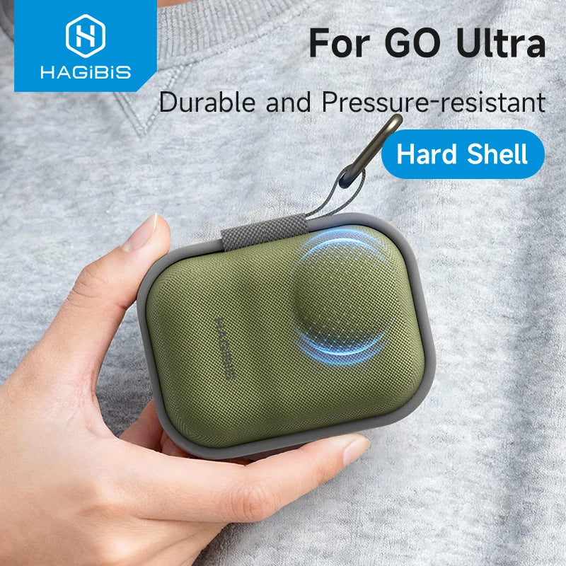 Hand holding a green and gray hard-shell case with HAGIBIS branding and text about durability.