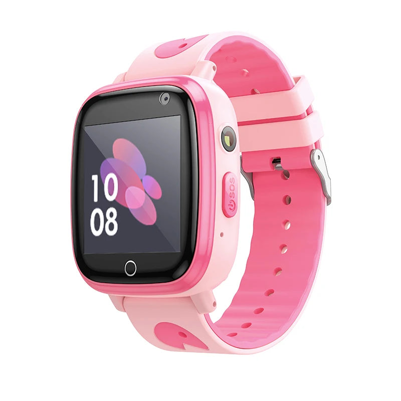 Pink smartwatch with a heart pattern on a white background
