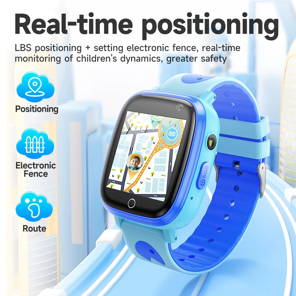 Blue children's smartwatch with map display on a cityscape background, emphasizing real-time positioning features.