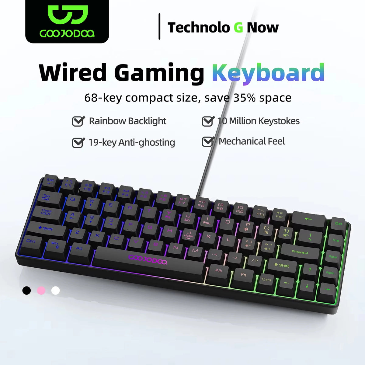 Gaming keyboard with RGB lighting on a white background, featuring Technolo G Now branding.