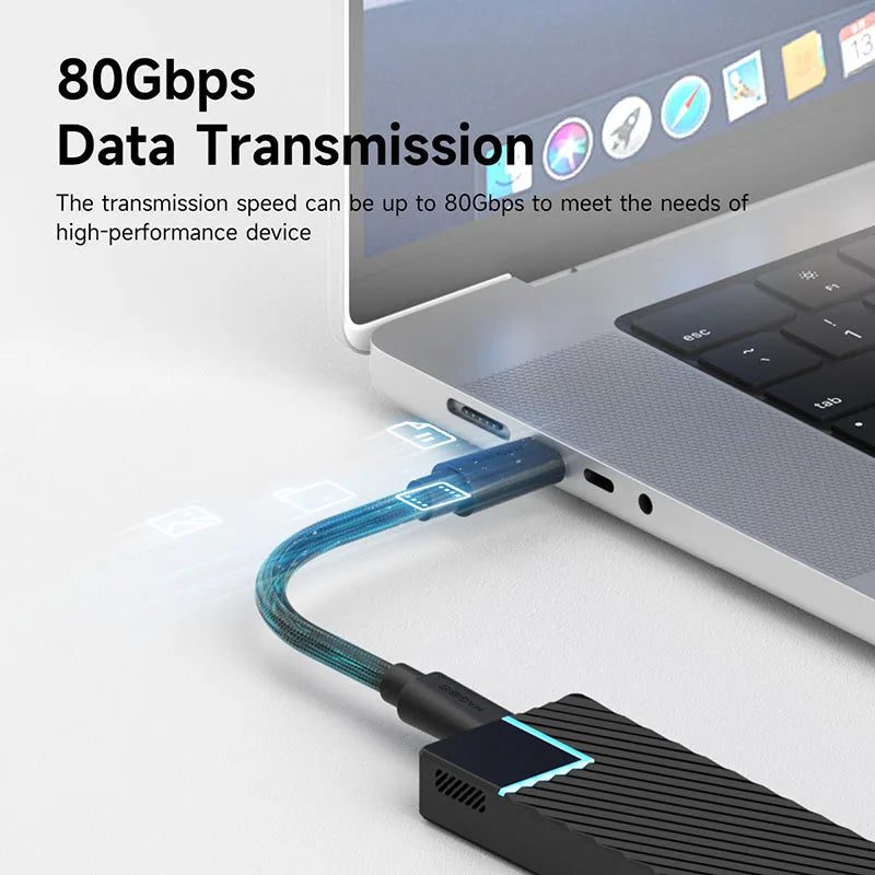 USB drive with blue cable connected to a laptop, highlighting data transmission speed.