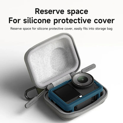 Silicone protective cover for a camera in an open storage case with text on a white background