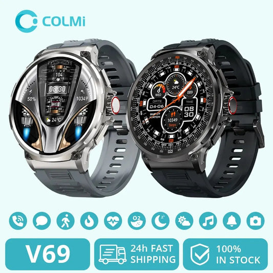Two smartwatches with Colmi branding on a light gray background