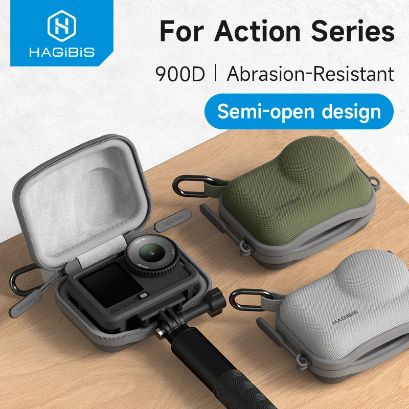 Hagibis action camera cases on a wooden surface with 'Hagibis' branding.