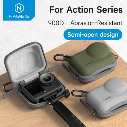 Hagibis action camera cases on a wooden surface with 'Hagibis' branding.