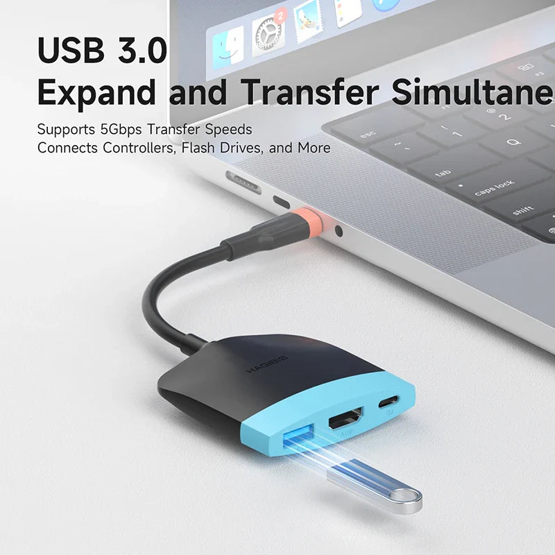 USB 3.0 adapter connected to a laptop with text highlighting features.