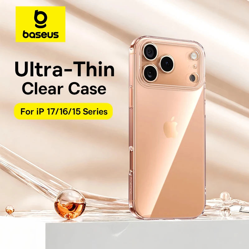 Phone case with 'baseus' branding and text about ultra-thin clear case for Apple devices.